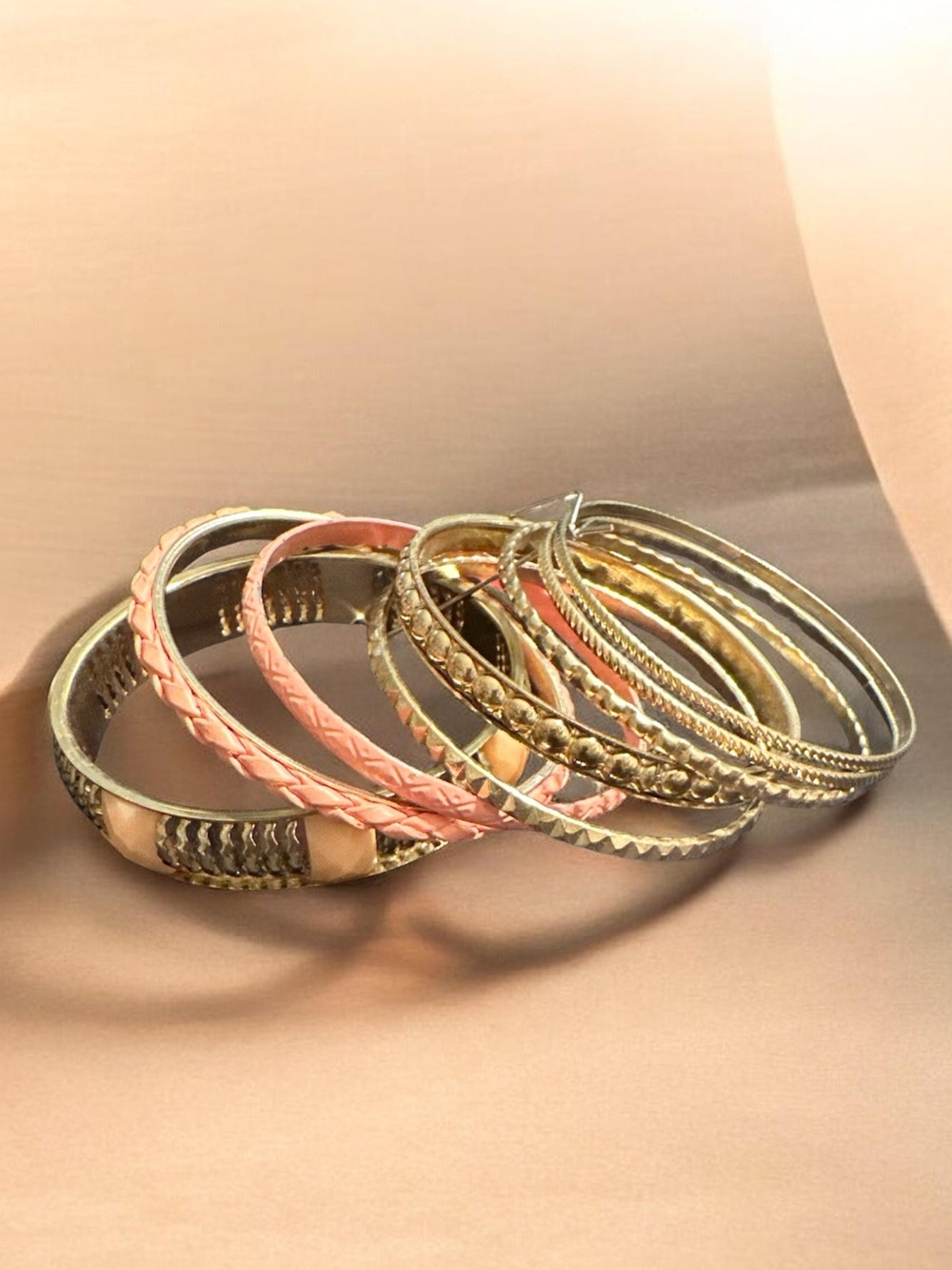Gold and Blush Pink Mixed Metal Bangle Bracelet Set
414